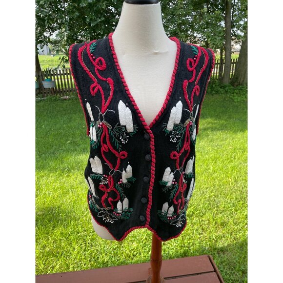 Vintage Victoria Jones Embroidered Holiday Vest M Black & Red Ramie/Cotton - Picture 1 of 8